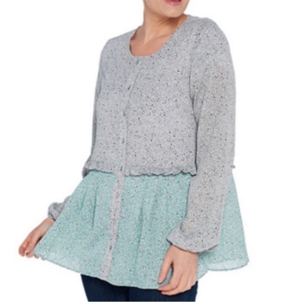 LOGO Lori Goldstein Blouse Blue Gray Floral Colorblock Ruffle Button-Down Large
